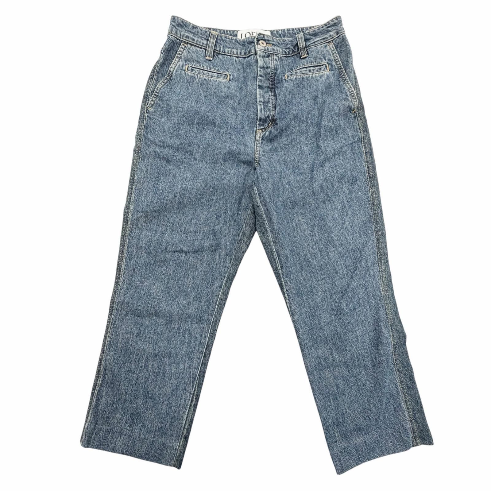 美品▼LOEWE ロエベ H2102660IB コットン100% 子牛革 レザーパッチ付き ボタンフライ デニムパンツ ブルー 46 イタリア製 正規品 メンズ