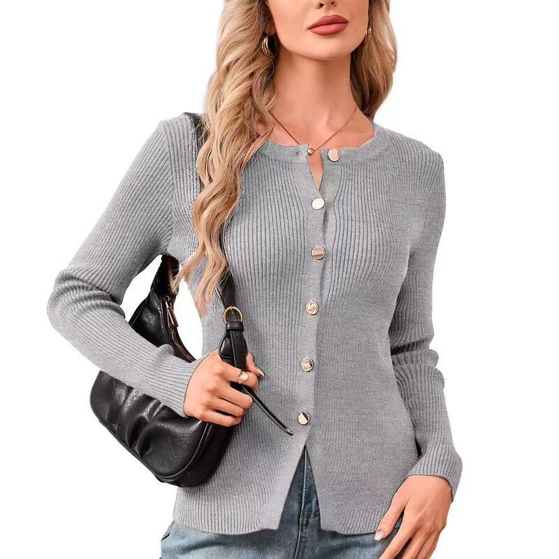 クリアフラワー レディース アウター ニット・セーター カーディガン ClearFlower Womens Knit Cardigan Metal Buttonslit Hem Round Neck