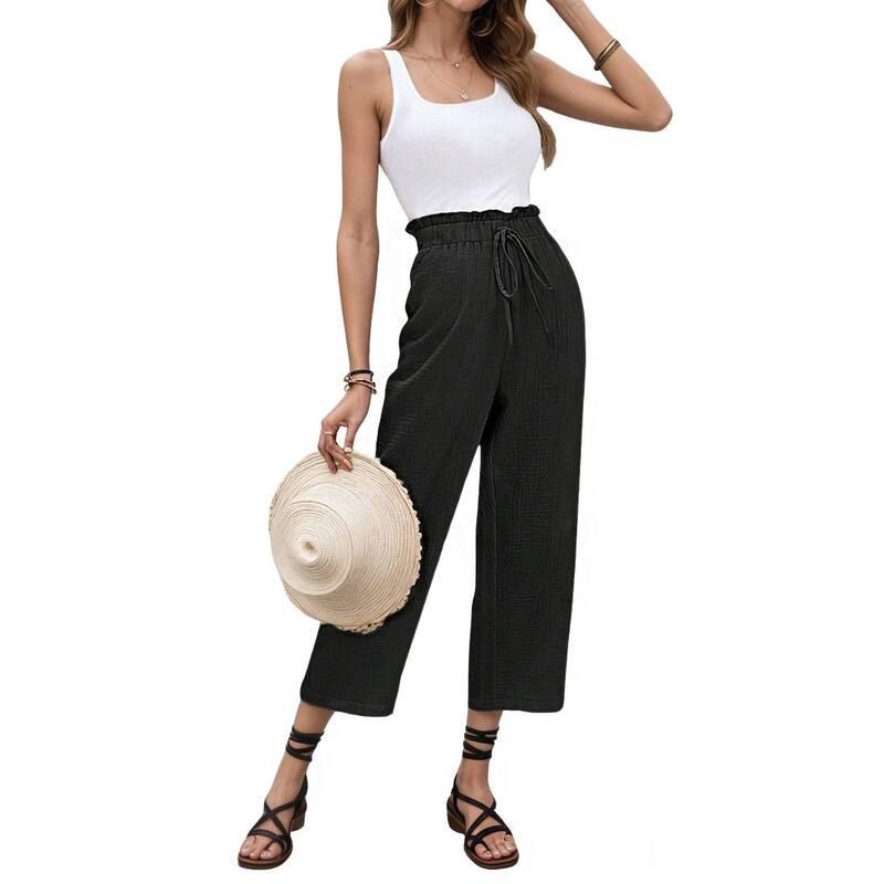 クリアフラワー レディース ボトムス カジュアルパンツ ワイドレッグ ハイウエスト フリル クロップド ClearFlower Womens High Waist Drawstring Ruffled
