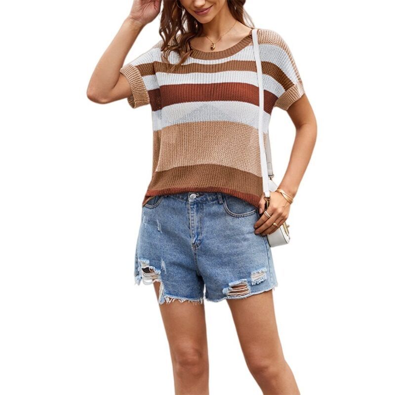 イエスファッション レディース アウター ニット・セーター クルーネック ベスト キャップ Yesfashion Womens Cute Cap Sleeve Crewneck Color Block