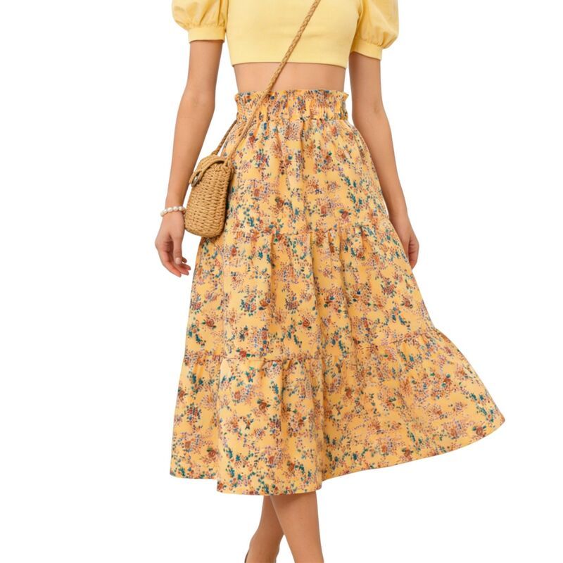 クリアフラワー レディース ボトムスカート ティアード ハイウエスト フラワー柄 フリル ミディ シャーリング ClearFlower Womens Floral Tiered Midi Skirt