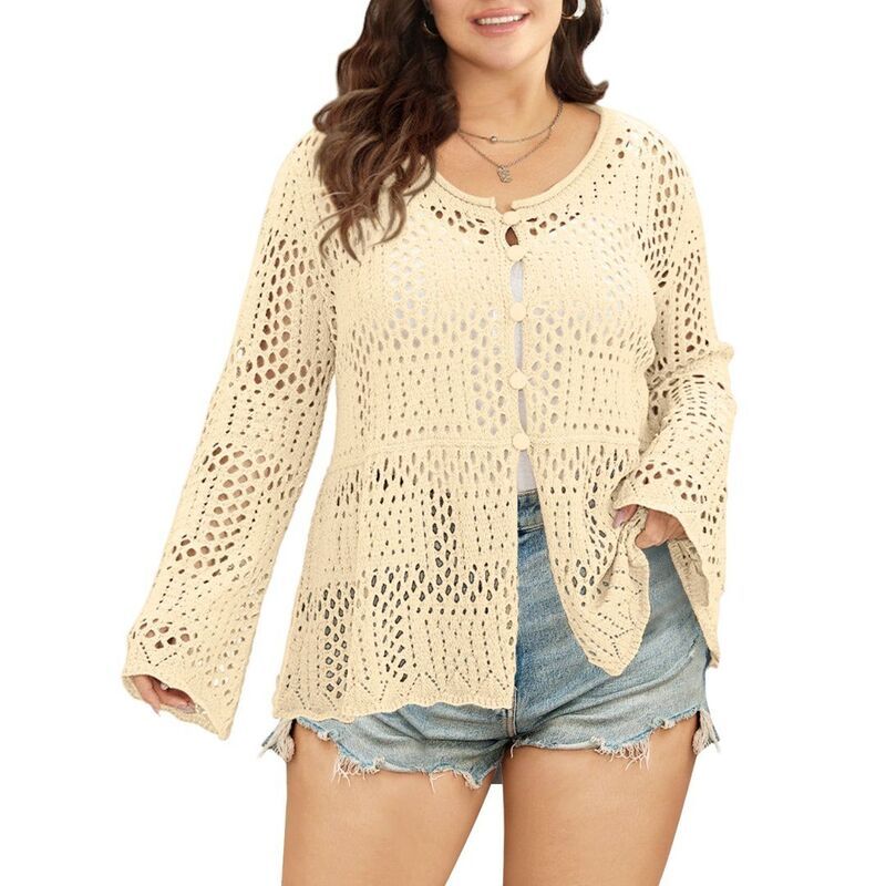 イエスファッション レディース アウター ニット・セーター ボタンダウン プラスサイズ カーディガン ダウン Yesfashion Womens Plusize Crochet Knit Cardig