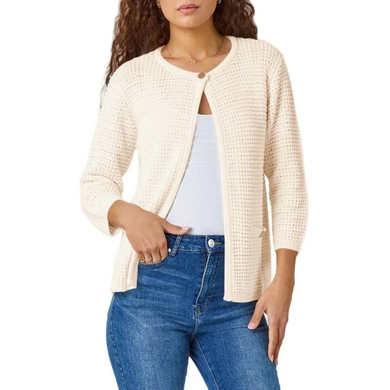 イエスファッション レディース アウター ニット・セーター カーディガン Yesfashion Womensolid Color 34 Sleeves Open Front Crochet Knit