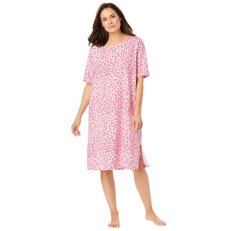 ドリームスアンドコー レディース アンダーウェア ナイトウェア プラスサイズ シャツ 半袖 Dreams Co Plusize ShortSleeve Sleepshirt Pink Leopard