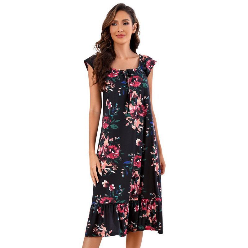 イエスファッション レディース アンダーウェア ナイトウェア マキシワンピース フラワー柄 マキシ フラワー Yesfashion Womenshort Sleeve Pajama Dress Loo