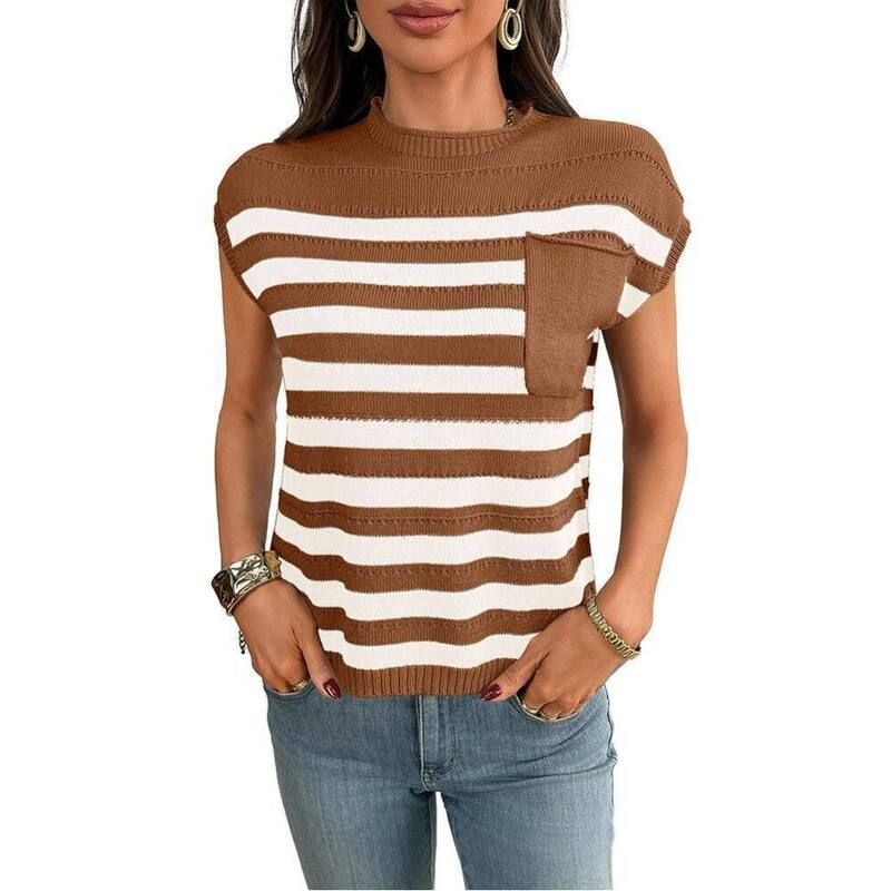 イエスファッション レディース アウター ニット・セーター クルーネック シャツ キャップ Yesfashion Cap Sleeve Tops for Women Stripeshirts Casu