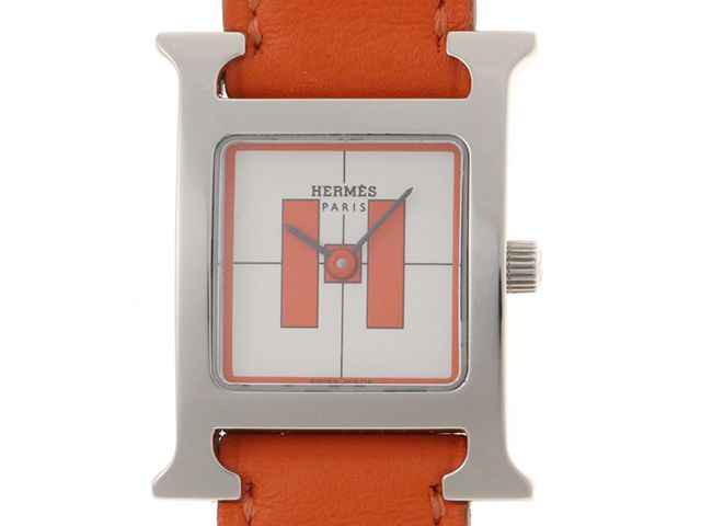 HERMES エルメス 時計 Hウォッチ・銀座オープン記念 HH1.210 ホワイト文字盤 ステンレススチール×レザーストラップ(オレンジ) レディース クオーツ 研磨済み 200 2145000252078 【中古】【大黒屋】