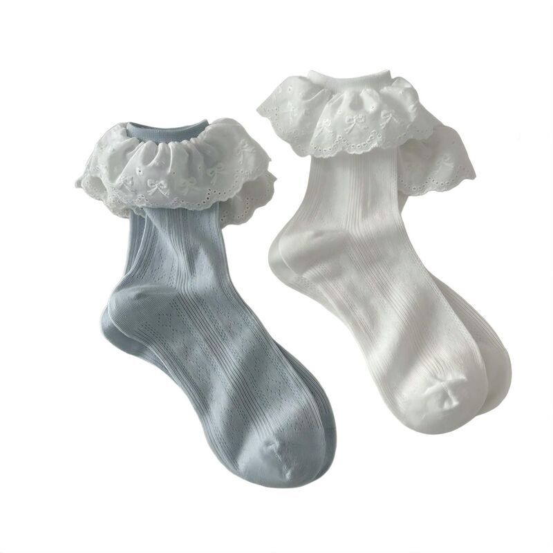 アンナカシ レディース アンダーウェア 靴下 レーストリム フリル レース AnnaKaci 2Pairuffle Lace Trim Crew Socks with Soft Stretch Fab