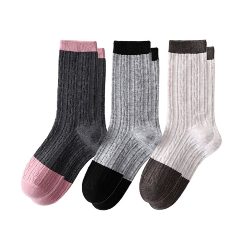 アンナカシ レディース アンダーウェア 靴下 コントラスト ニット AnnaKaci Womens 3 Pair Cable Knit Crew Socks with Contrast Color B