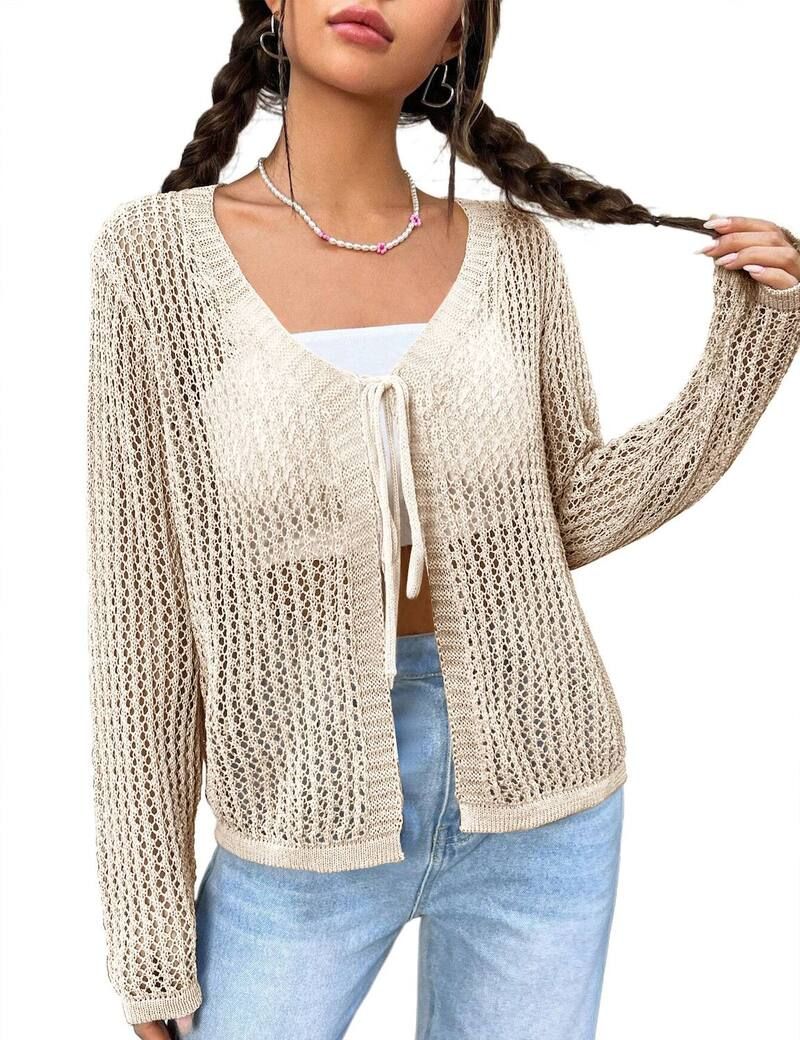 エリートチョイス レディース アウター ニット・セーター カーディガン Elitechoice Womens Lightweight Crochet Cardigan Beige ベージュ