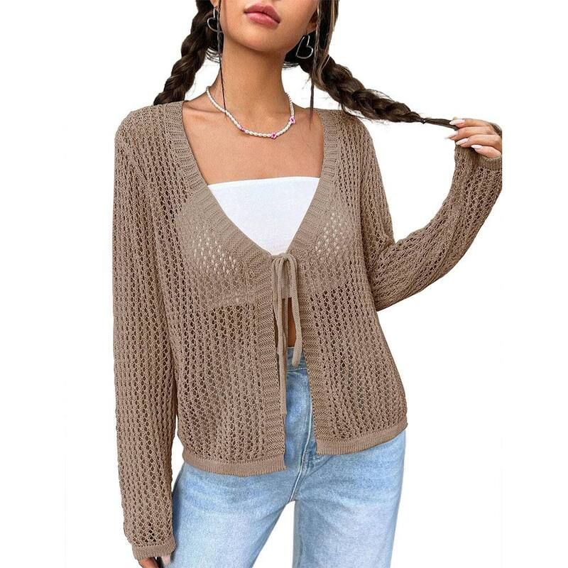 エリートチョイス レディース アウター ニット・セーター カーディガン Elitechoice Womens Lightweight Crochet Cardigan Khaki カーキ