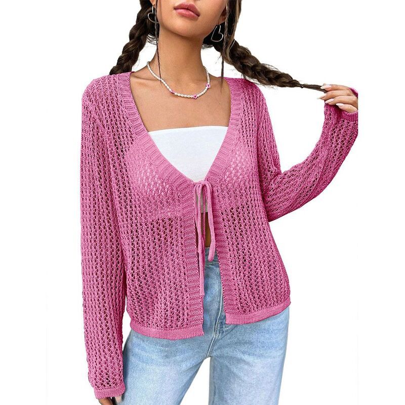 エリートチョイス レディース アウター ニット・セーター カーディガン Elitechoice Womens Lightweight Crochet Cardigan Rose Red レッド