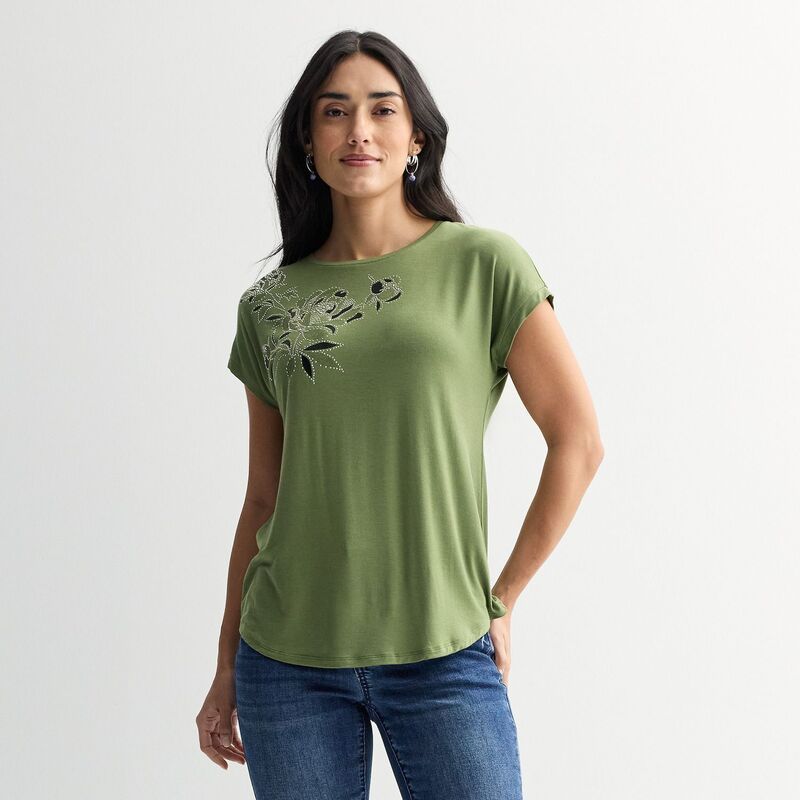 アプトナイン レディース トップス Tシャツ Womens Apt 9 Short Sleevembellished Top Olivine