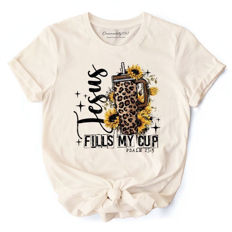 オーナメンタリー ユー レディース トップス Tシャツ プリント OrnamentallyYou Jesus Fills My Cup Christian TShirt Leopard Print C