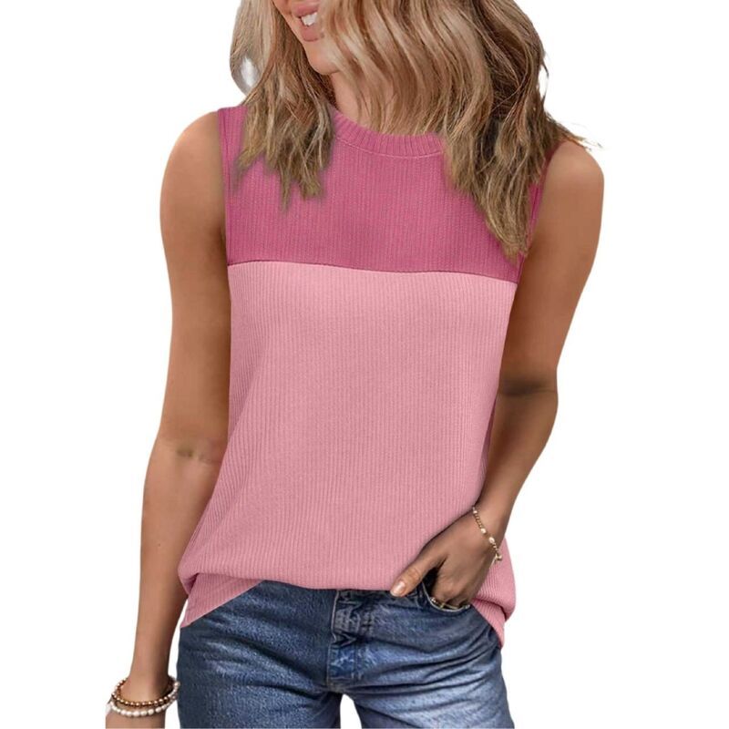 クリアフラワー レディース トップス Tシャツ クルーネック ノースリーブ ニット ClearFlower Womens Fashion Color Block Shirtsleeveless Cre