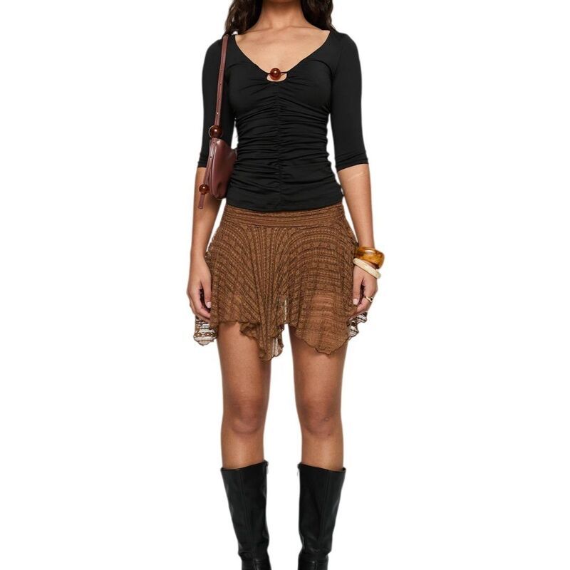 イエスファッション レディース ボトムスカート ハイウエスト プリーツ フリル ミニ レース Yesfashion Women Y2K Lace Mini Ruffle Pleated Layered