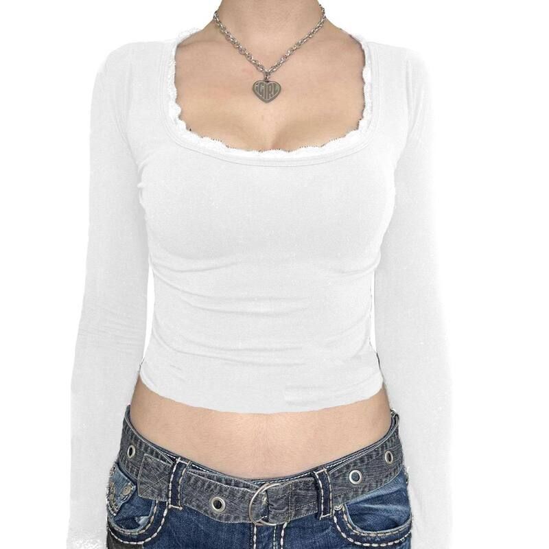セオリア レディース トップス Tシャツ スリムフィット ヴィンテージ レーストリム レース Seoria Women Y2k Long Sleeve Shirtops Lace Trim Squar