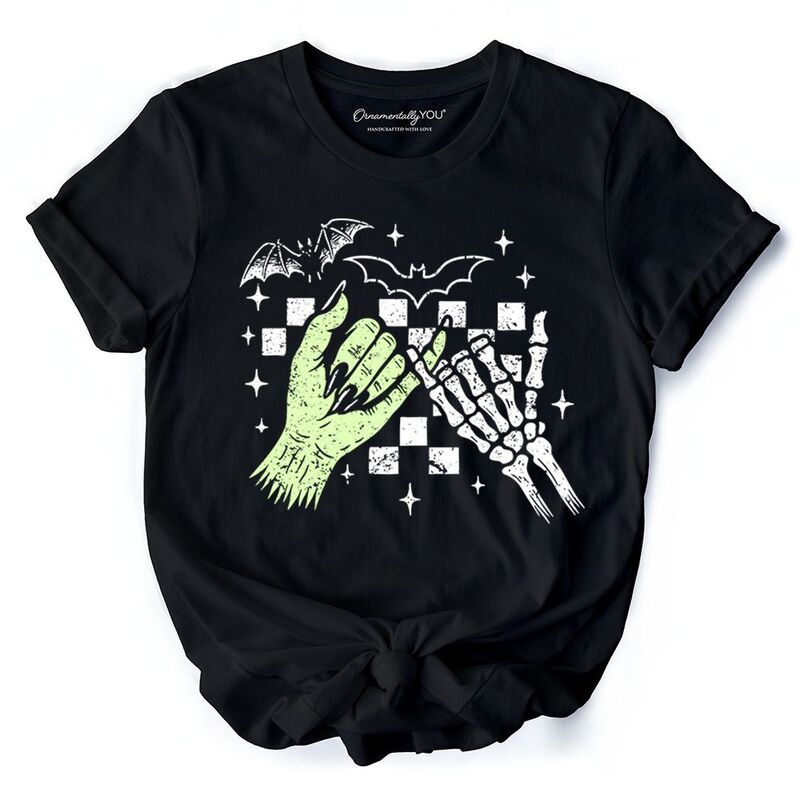 オーナメンタリー ユー レディース トップス Tシャツ OrnamentallyYou Monster Skeleton Pinky Promise TShirt Funny Spooky Hallo