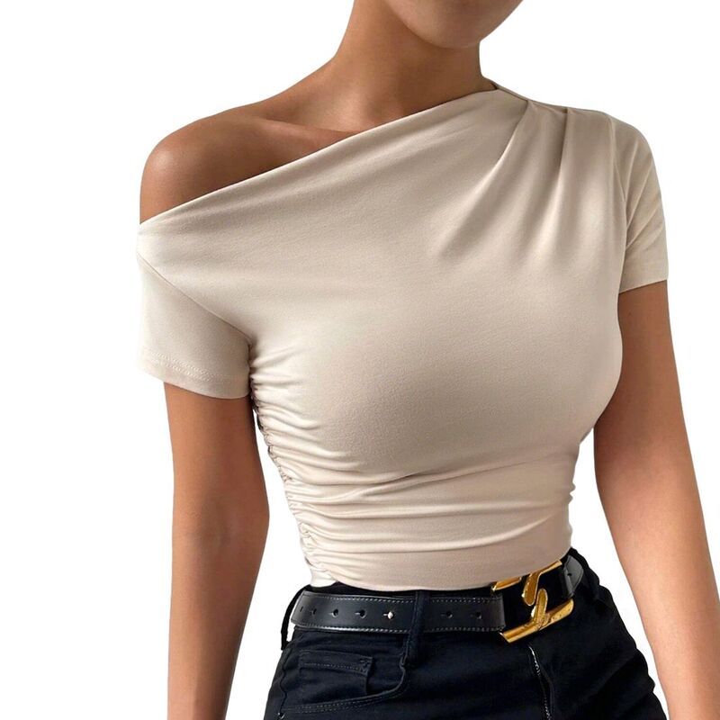 エリートスピリット レディース トップス シャツ スリムフィット ギャザー クロップド ブラウス EliteSpirit Womens Off Shoulder Short Sleeve Ruched