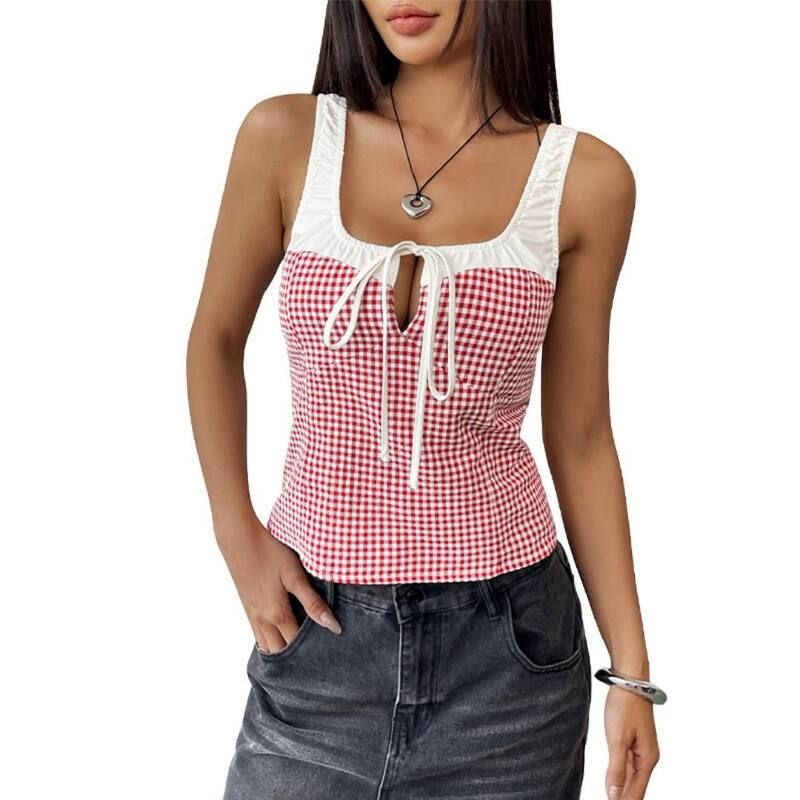 イエスファッション レディース トップス Tシャツ ギンガムチェック ノースリーブラウス ギンガム Yesfashion Womens Gingham Tank Top Square Neck Cam