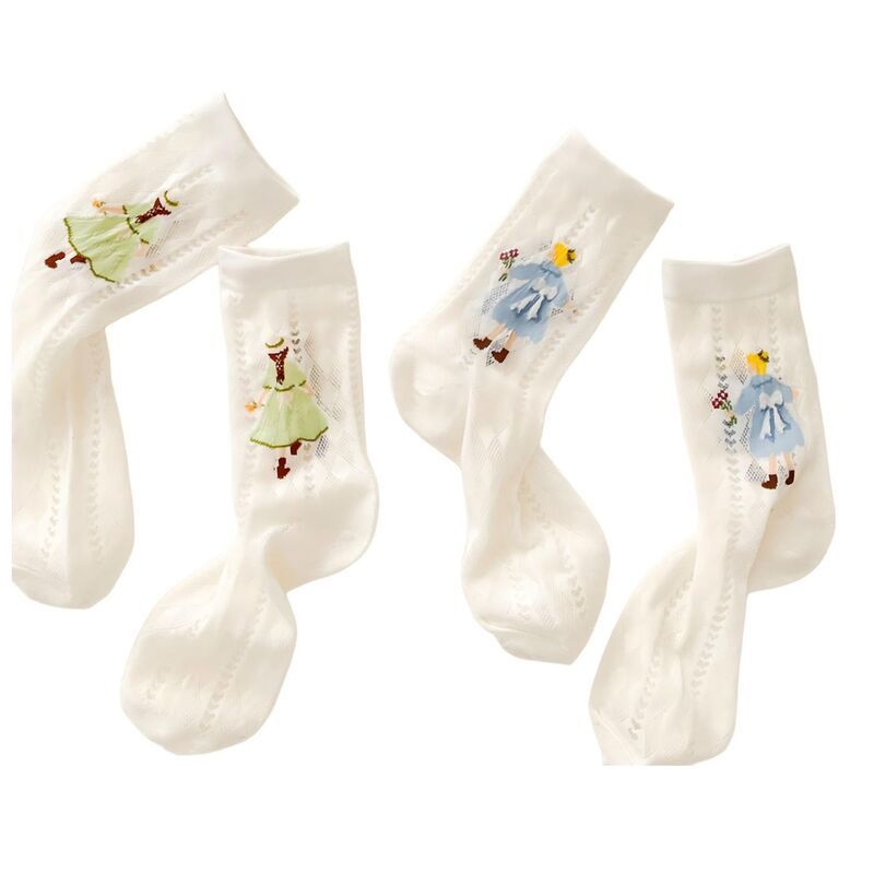 アンナカシ レディース アンダーウェア 靴下 シアー AnnaKaci 2Pair Sheer Crew Socks with Illustrated Girl Motif Soft Stretch