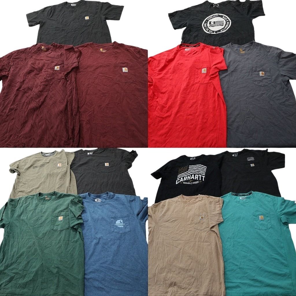 古着卸 まとめ売り カーハート Tシャツ 14枚セット ( メンズ L ) ポケット付き ブラック エンジ レッド ワンポイント 中古 古着 NF2307