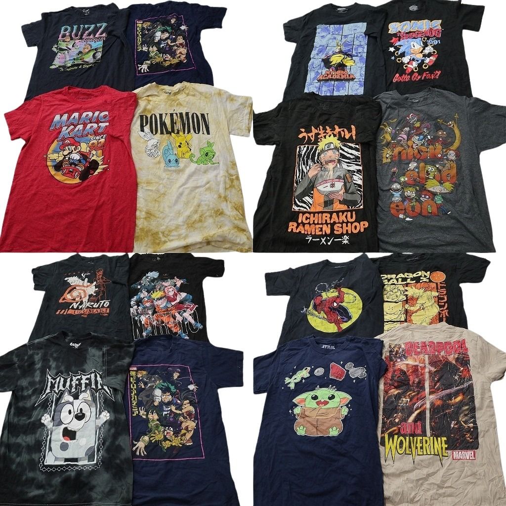 古着卸 まとめ売り キャラクター Tシャツ 16枚セット ( メンズ S ) ドラゴンボール ヒロアカ ナルト ブルーイ 中古 古着 NF2315