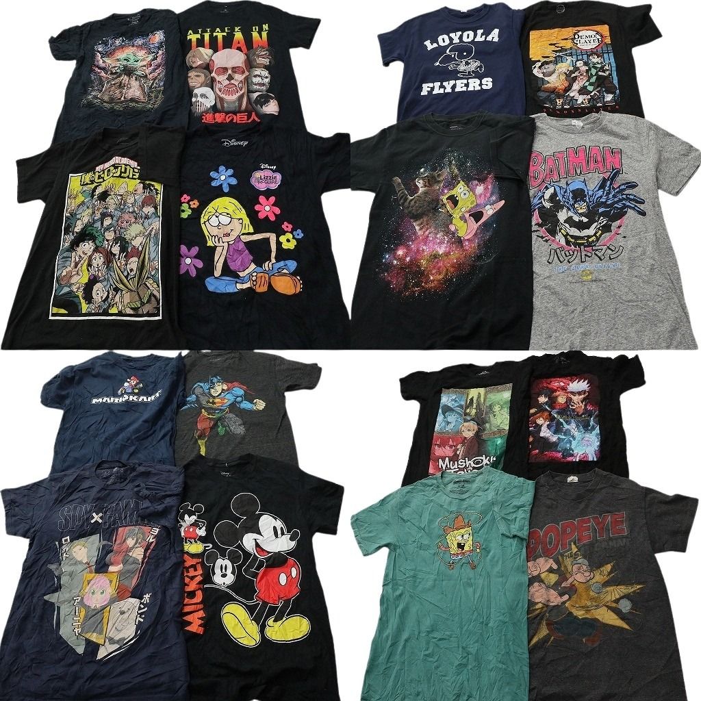 古着卸 まとめ売り キャラクター Tシャツ 16枚セット ( メンズ S ) 呪術廻戦 ディズニー スパイファミリー マーベル 鬼滅の刃 中古 NF2318