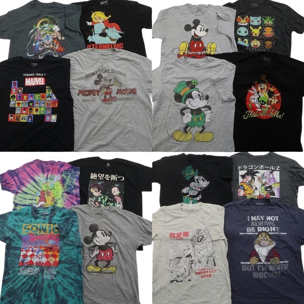 古着卸 まとめ売り キャラクター Tシャツ 16枚セット ( メンズ L ) ミッキー ディズニー ドラゴンボール マーベル 中古 古着 NF2384