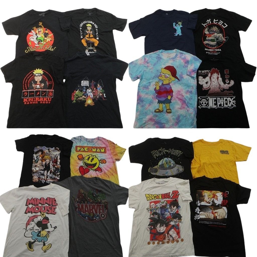 古着卸 まとめ売り キャラクター Tシャツ 16枚セット ( メンズ S ) ドラゴンボール ナルト ミニー ディズニー マーベル 中古 古着 NF2393