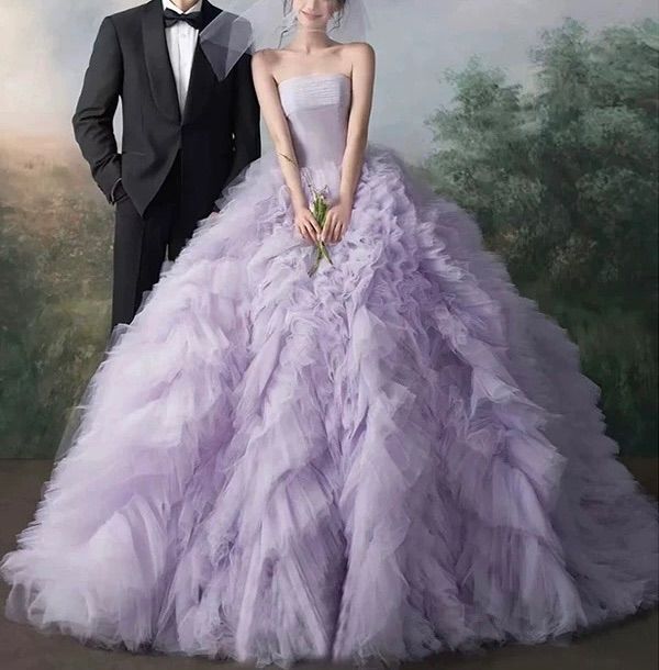 ウェディングドレス 結婚式 前撮り 二次会 韓国ドレス パーティー ベアトップ パープル ラベンダー