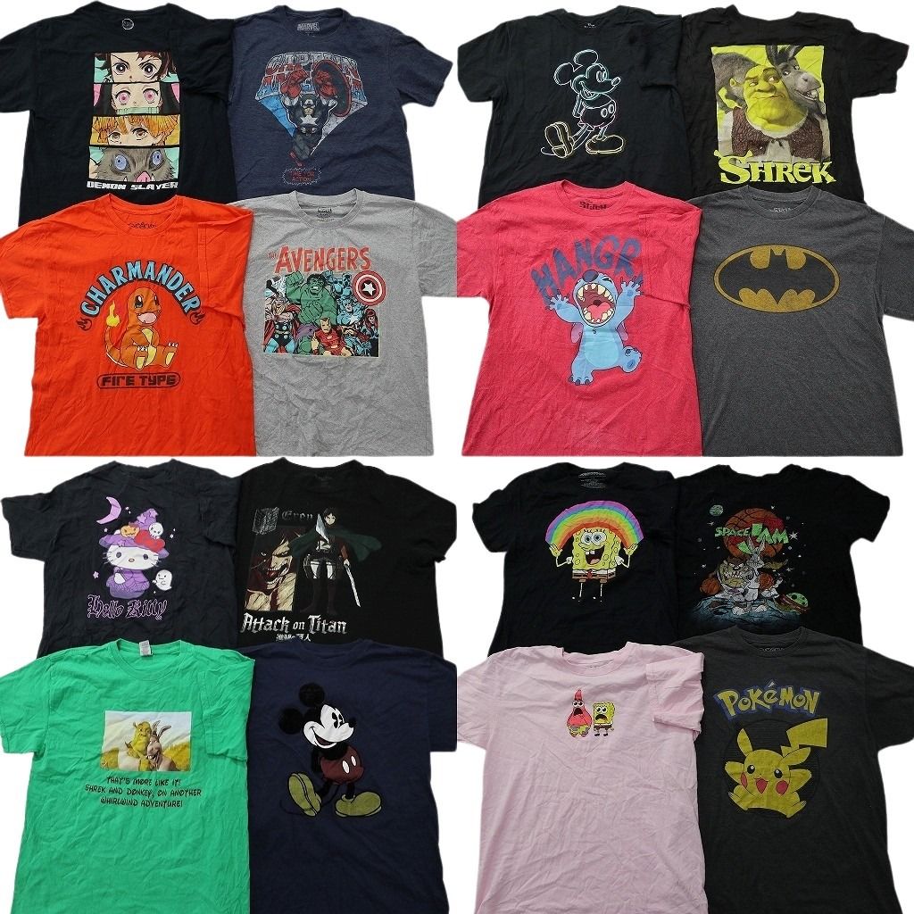 古着卸 まとめ売り キャラクター Tシャツ 16枚セット ( メンズ L ) ポケモン 鬼滅の刃 ディズニー 進撃の巨人 中古 古着 NF2465