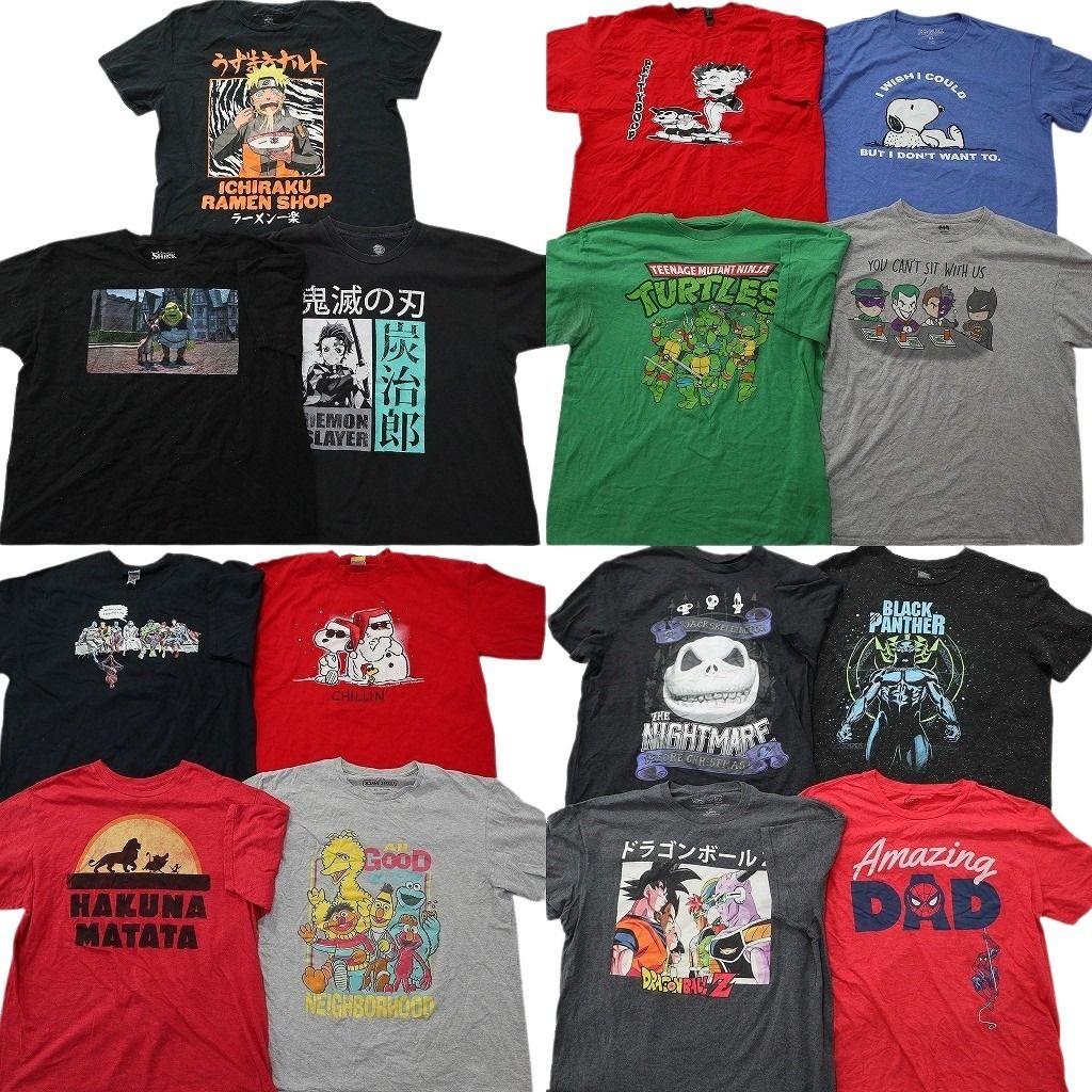 古着卸 キャラクター Tシャツ 15枚セット ( メンズ XL ) ナルト 鬼滅の刃 ドラゴンボール セサミストリート タートルズ 中古 古着 NF2467