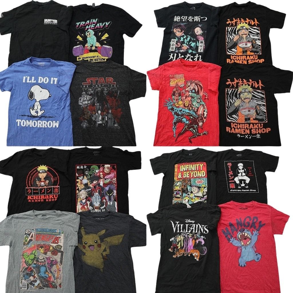 古着卸 まとめ売り キャラクター Tシャツ 16枚セット ( メンズ S ) ハンターハンター ナルト ディズニー ポケモン 鬼滅の刃 中古 NF2471