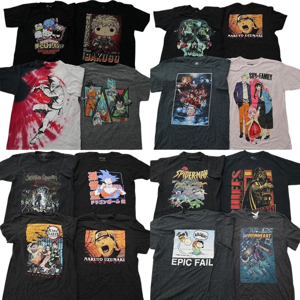 古着卸 まとめ売り キャラクター Tシャツ 16枚セット ( メンズ M ) ヒロアカ ナルト ドラゴンボール サンリオ 鬼滅の刃 中古 古着 NF2472