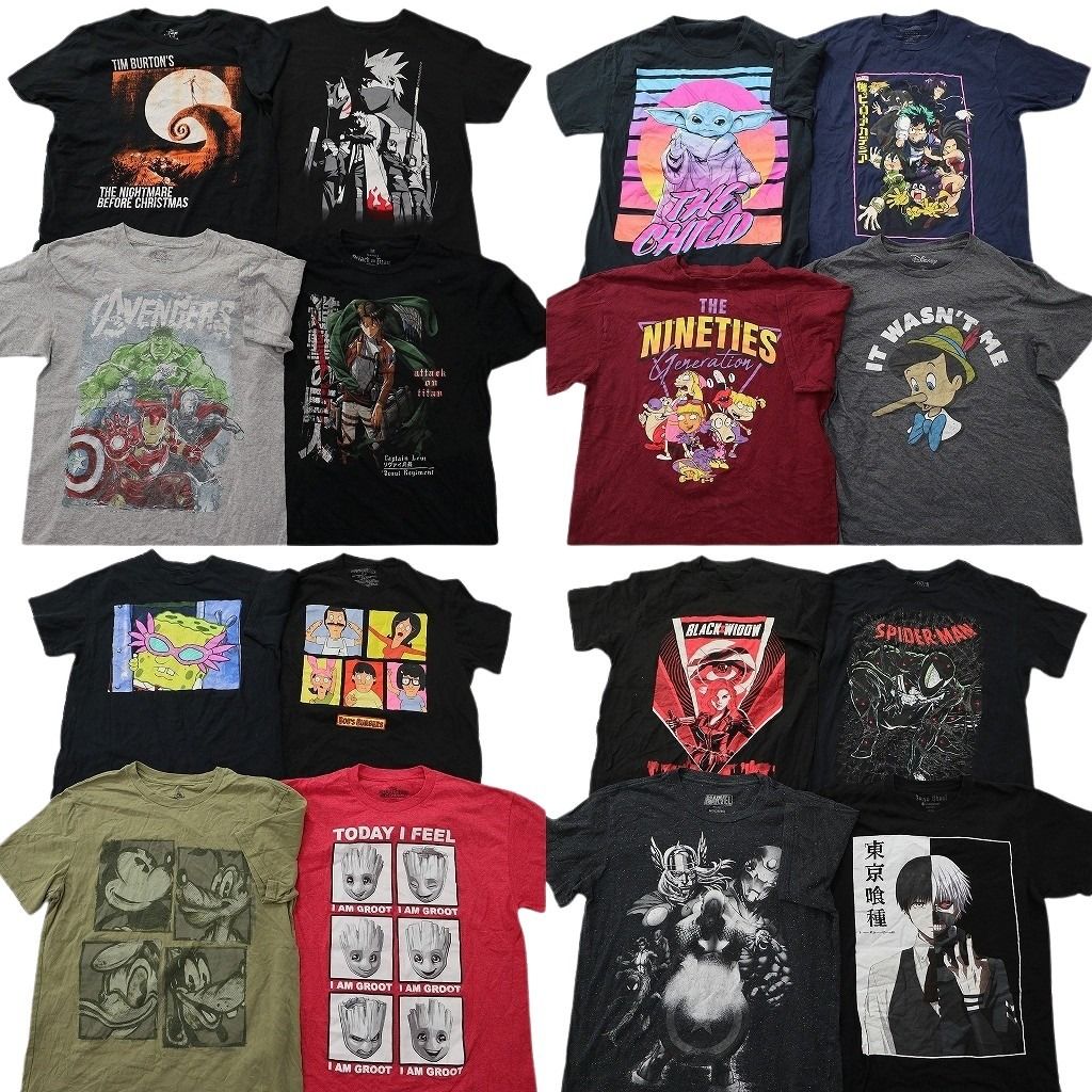 古着卸 まとめ売り キャラクター Tシャツ 16枚セット ( メンズ M ) ヒロアカ マーベル ディズニー ナルト 進撃の巨人 中古 古着 NF2473