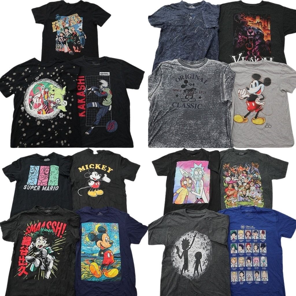 古着卸 まとめ売り キャラクター Tシャツ 15枚セット ( メンズ XS/S/M/L/2XL ) ナルト ヒロアカ ディズニー マリオ マーベル 中古 NF2478