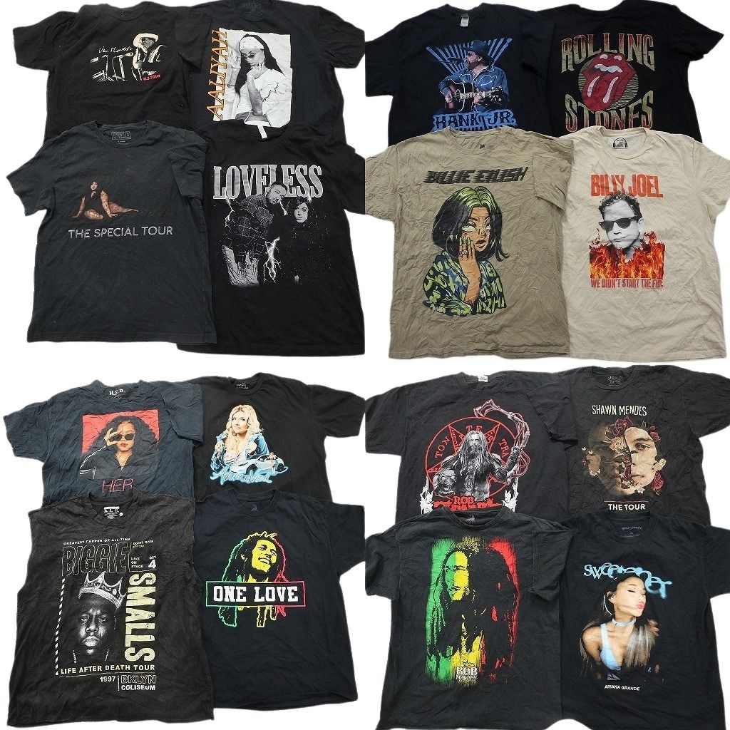 古着卸 まとめ売り 音楽・バンド Tシャツ 16枚セット ( メンズ XL ) 人物 アリーヤ ボブマーリー ローリングストーンズ 中古 古着 NF2495