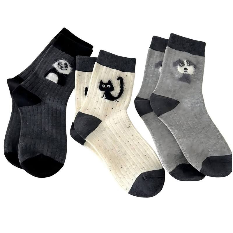 アンナカシ レディース アンダーウェア 靴下 リブ AnnaKaci 3Pairibbed Crew Sockset with Playful Animal Motifsoft Stretch Fab