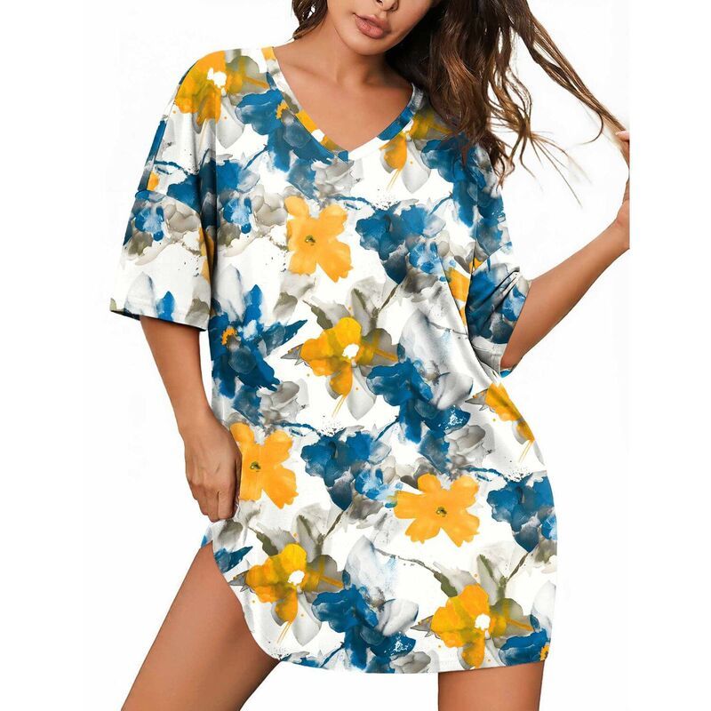 エコアー レディース アンダーウェア ナイトウェア シャツ Ekouaer Gownsleepwear Womens Tshirt Loose Short Sleeve Sleep Shirt Flo
