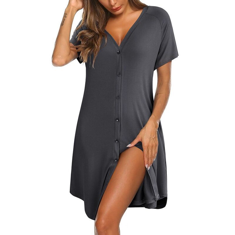 エコアー レディース アンダーウェア ナイトウェア Vネック 半袖 Ekouaer Womensoft ShortSleeve ButtonFront VNeck Nightgown with Poc