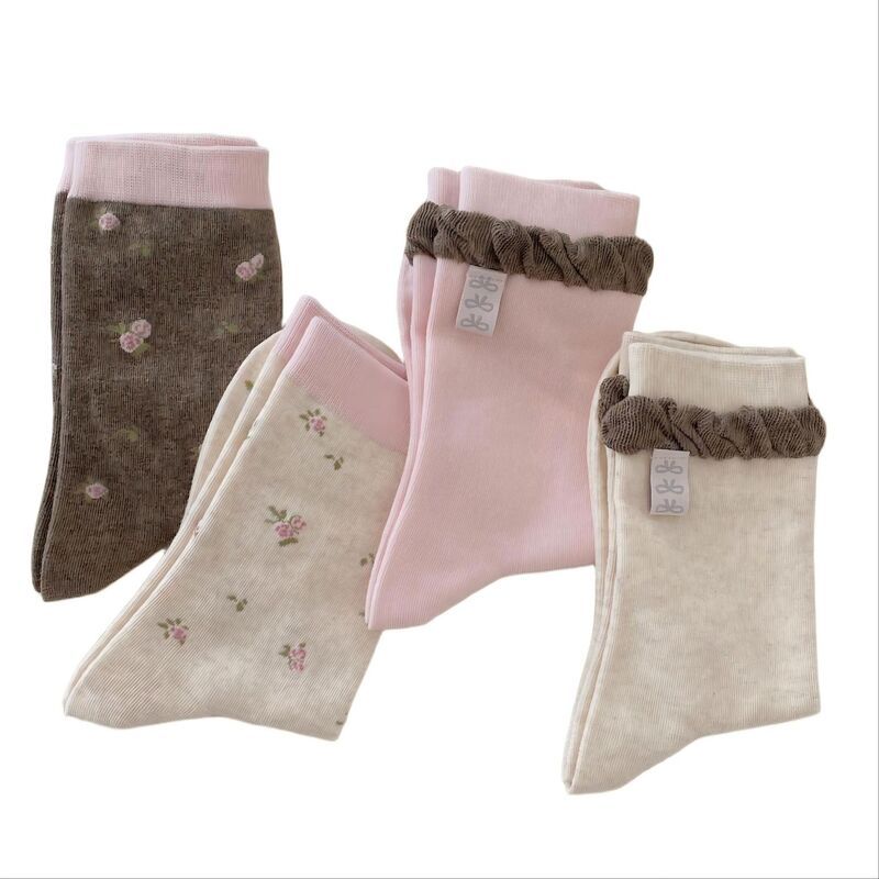 アンナカシ レディース アンダーウェア 靴下 フラワー柄 リブ ニット フラワー AnnaKaci 4Pair Floral Knit Crew Socksoft Stretch Ribbed Cas 8,235円