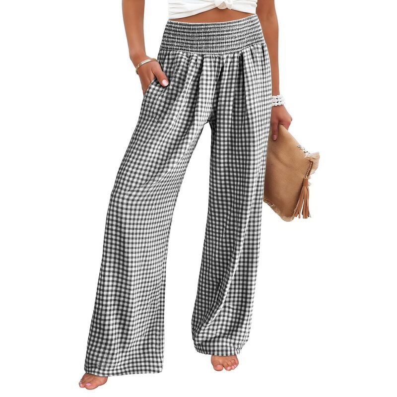 セオリア レディース ボトムス カジュアルパンツ ワイドレッグ ハイウエスト Seoria Women Casual Plaid Pants Elastic High Waist Wide Leg L