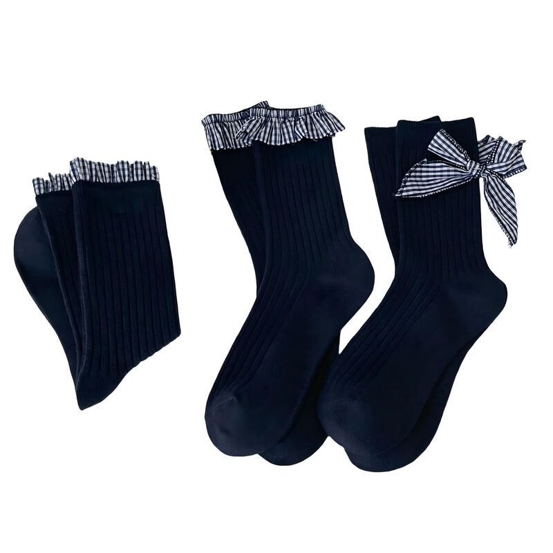 アンナカシ レディース アンダーウェア 靴下 フリル リブ AnnaKaci 3Pairibbed Crew Sockset with Ruffle Trim Bow Accent Soft Stre