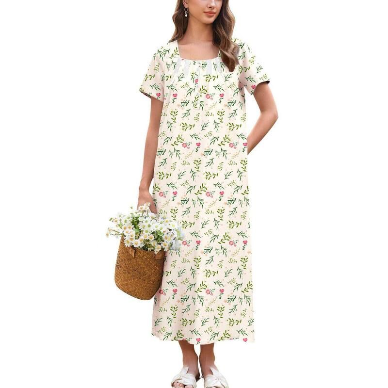 エコアー レディース アンダーウェア ナイトウェア 半袖 コットン レース マキシ Ekouaer Womens Cotton ShortSleeve ButtonFront LaceTrimaxi