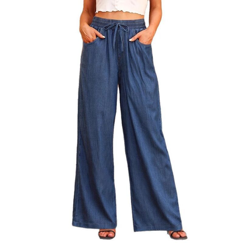 セオリア レディース ボトムス カジュアルパンツ ワイドレッグ ハイウエスト ジーンズ Seoria Womens Wide Leg High Waist Drawstring Jeans Blue
