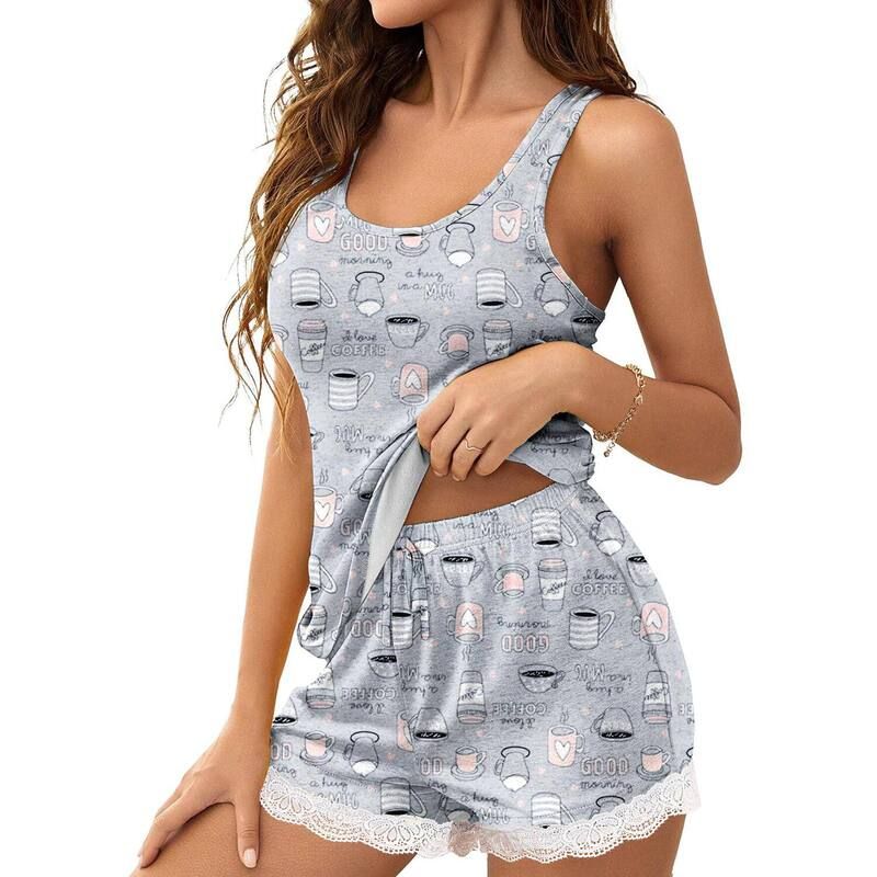 エコアー レディース アンダーウェア ナイトウェア ショートパンツ レース Ekouaer Womens 2 piece LaceTrim Tank Shorts Pajama Set Coffee