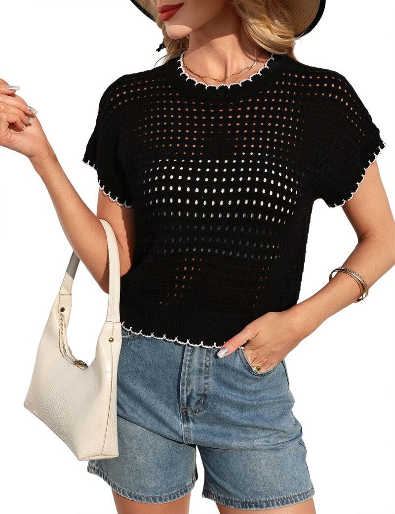 ファンジュライ レディース アウター ニット・セーター FUNJULY Womens Hollow Out Short Sleeve Knit Sweater Black ブラック