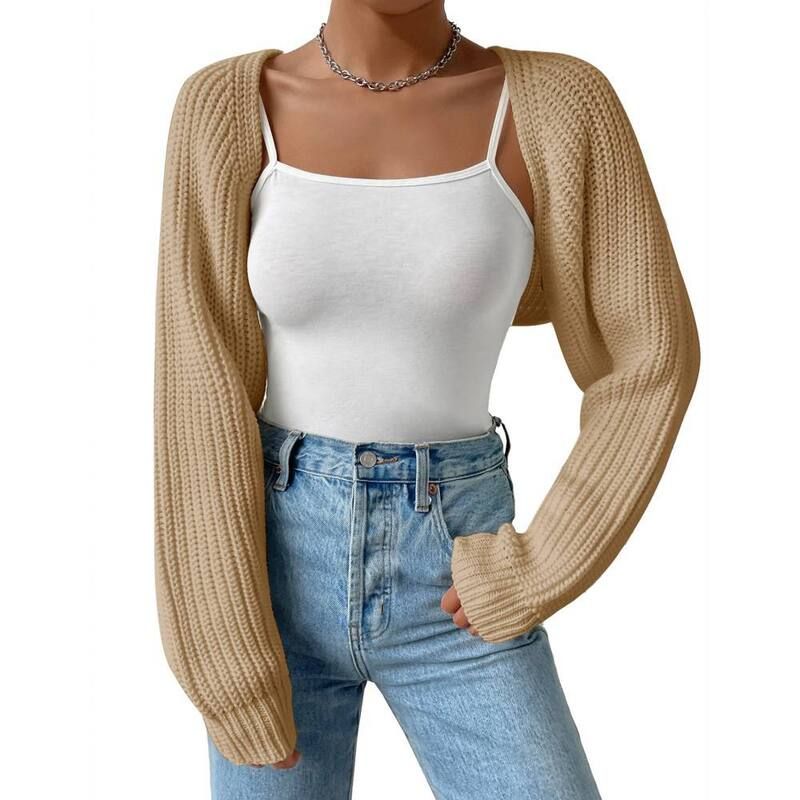 イエスファッション レディース アウター ニット・セーター ドロップショルダー カーディガン クロップド Yesfashion Womens Lightweight Cropped Knit Shru