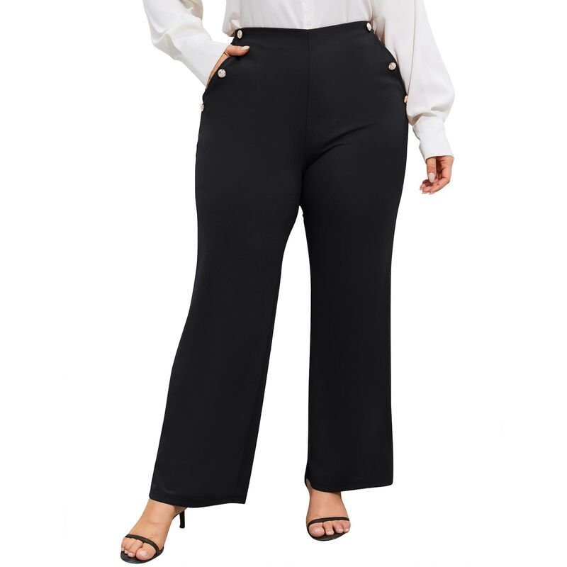 セオリア レディース ボトムス カジュアルパンツ プラスサイズ ハイウエスト Seoria Womens Plusize HighWaisted Flare Pants Pearl Button Ac